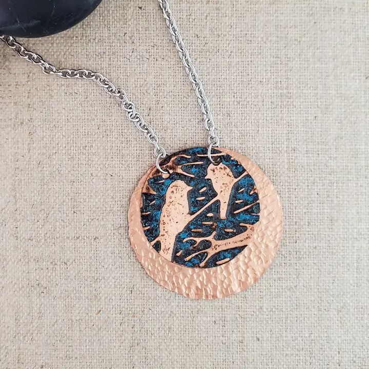Embossed Copper Circle Layered  Bird Necklace - Heart of the Home Inc
