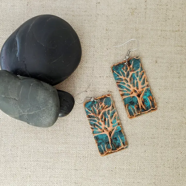 Large Natural Patina Rectangular Copper Tree Earrings - Heart of the Home Inc