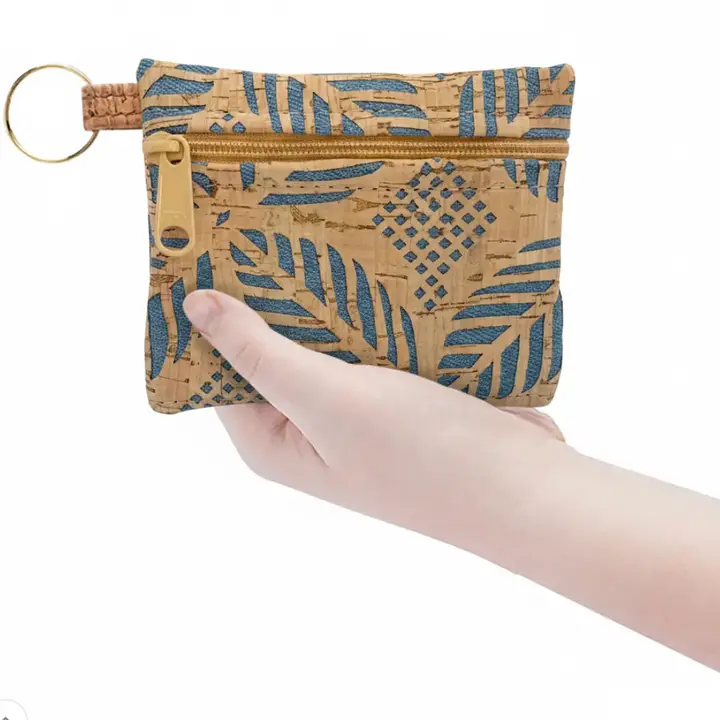 Cork Zipper Pouch with Key Ring in Die Cut Palm Denim Blue - Heart of the Home Inc