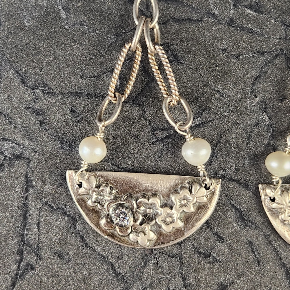 Half Circle Silver Floral Earrings With Pearl And Cubic Zirconia - Heart of the Home Inc