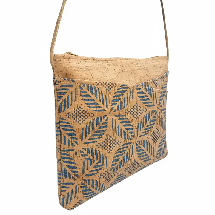 Large Cork Zip Top Cross Body Bag in Die Cut Palm Denim Blue - Heart of the Home Inc