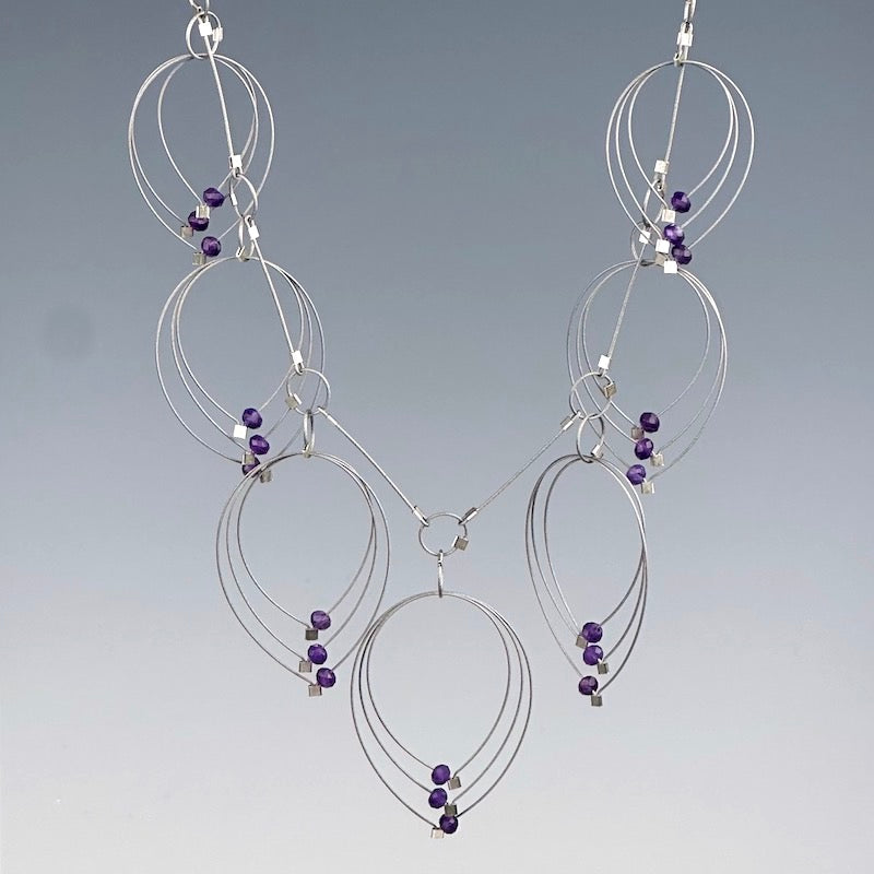 Feather Drop Necklace in Steel & Amethyst