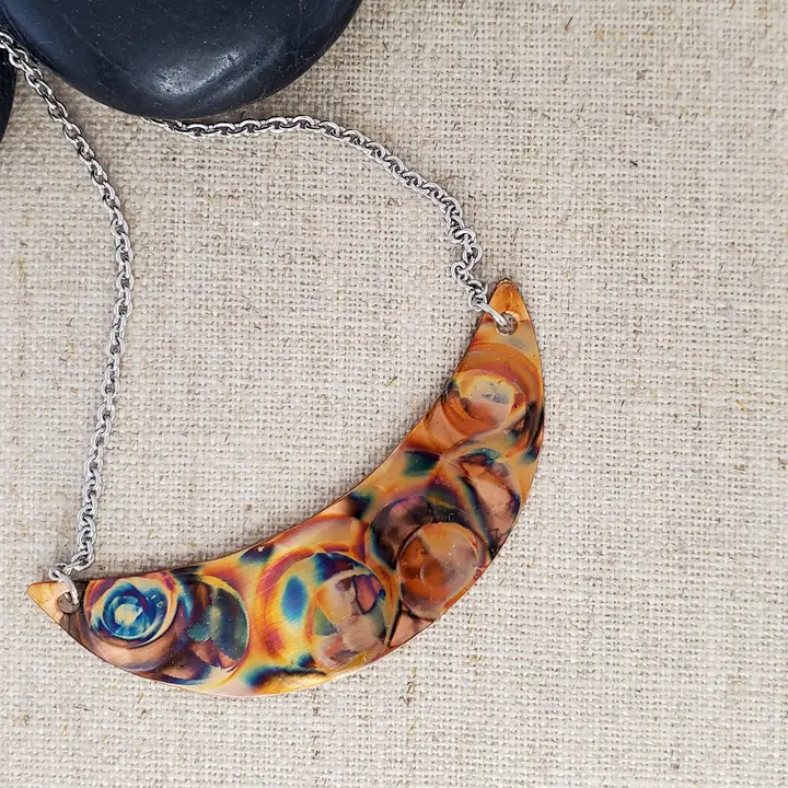 Flame Painted Copper Crescent Necklace - Heart of the Home Inc