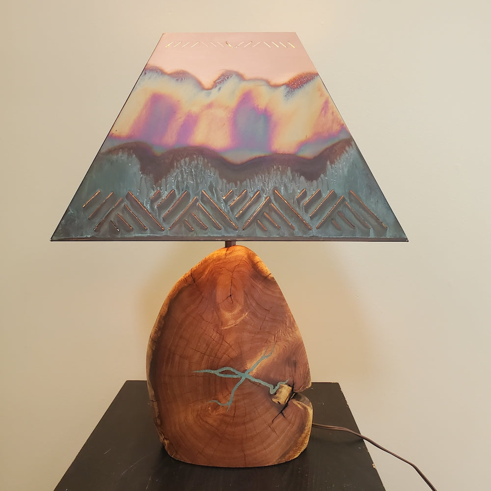 Mesquite &amp; Turquoise Lamp with Crosshatch Shade (SL-3 GW) - Heart of the Home PA