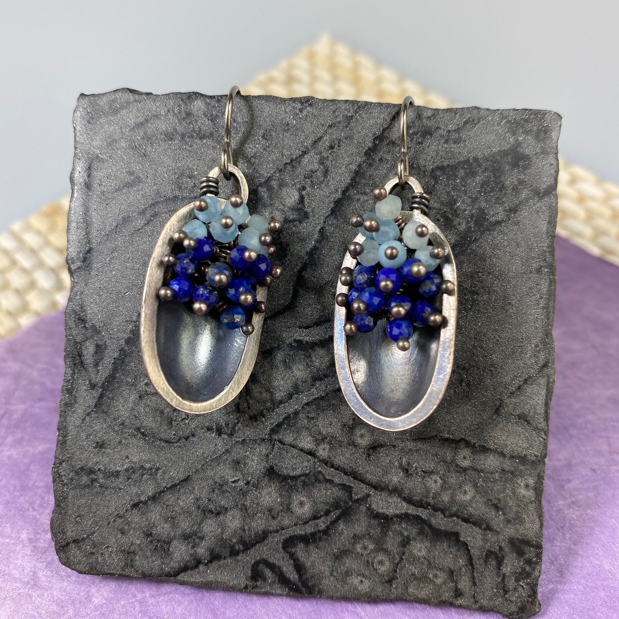 Seedlings Cluster Wire Earrings in Lapis & Aquamarine - Heart of the Home PA