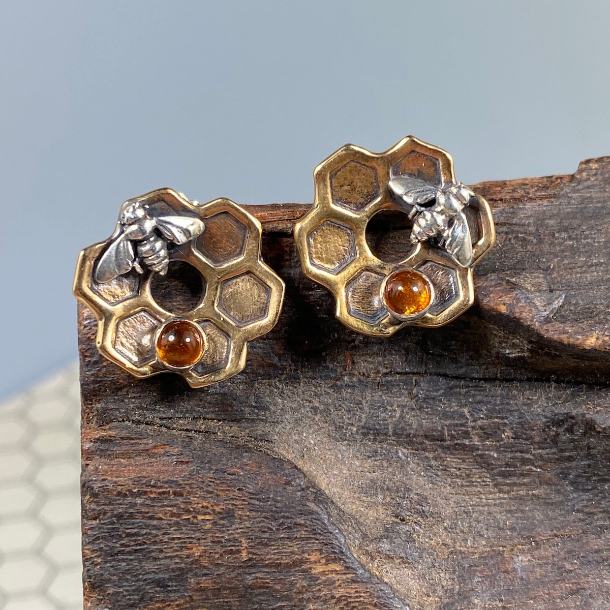 Honeycomb Flower Post Earrings in Bronze - Heart of the Home PA