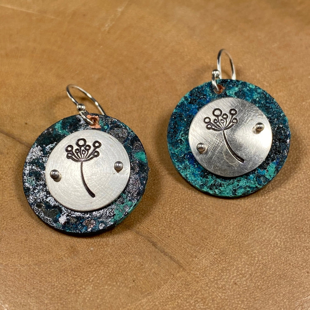 Dandelion Stamp Earrings - Blue Patina - Heart of the Home PA