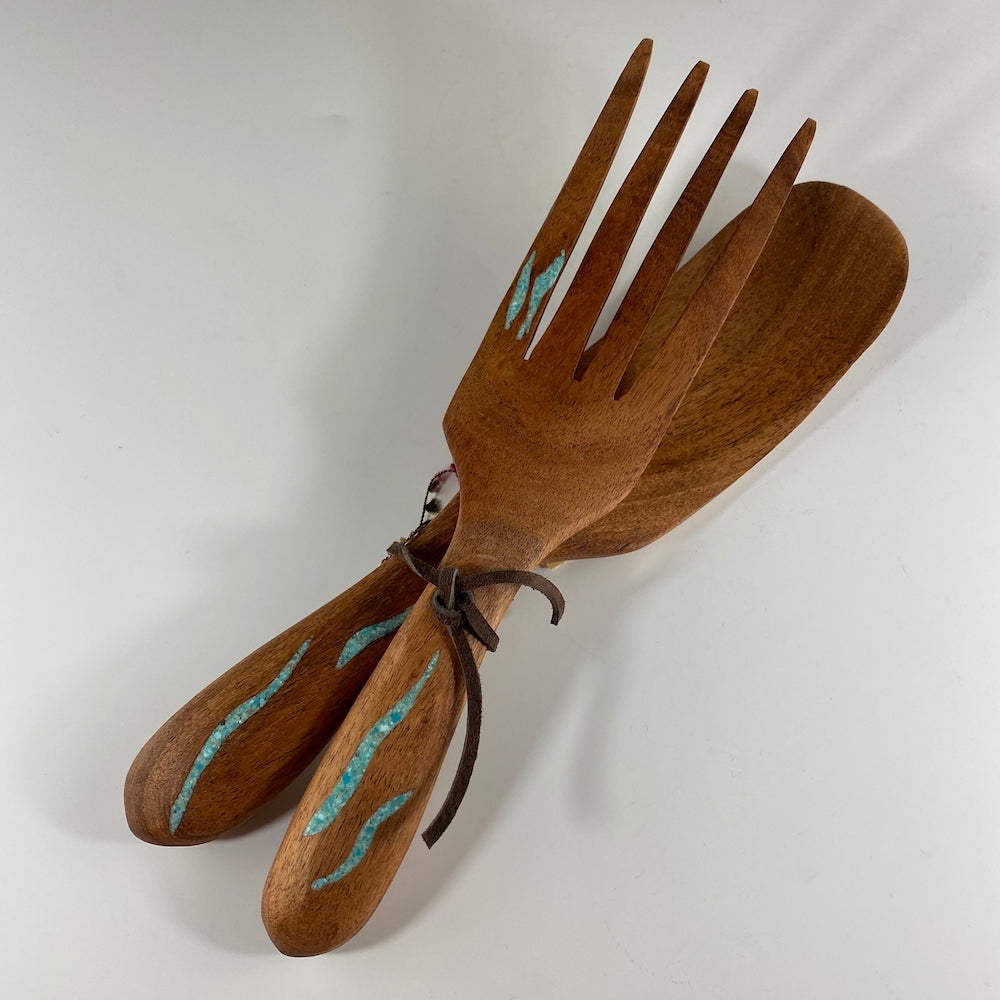Turquoise Inlaid Mesquite Salad Server Set - Heart of the Home PA