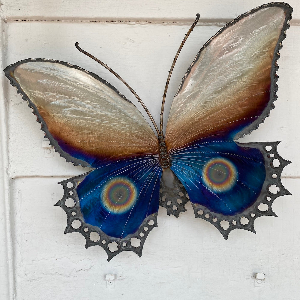 BLUE Shimmery Metal & Glass Body BUTTERFLY Wall Hanging Sculpture/Ornament/ Decor