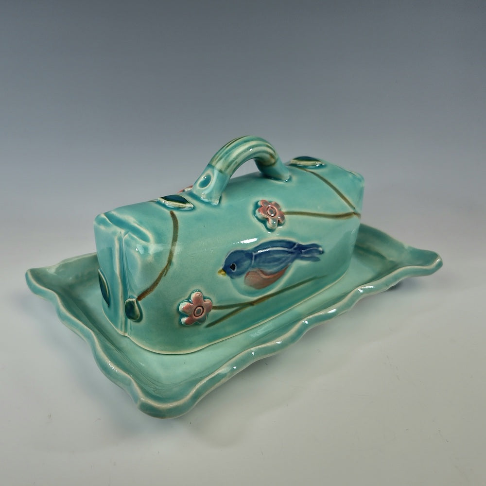 Bluebird Butter Dish Turquoise with Pink Flowers - Heart of the Home PA