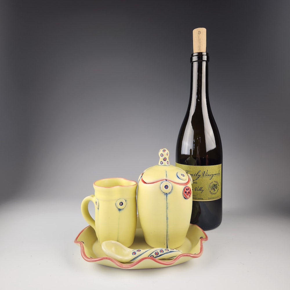 Button Creamer and Sugar Set with Spoon and Ceramic Tray in Yellow - Heart of the Home PA