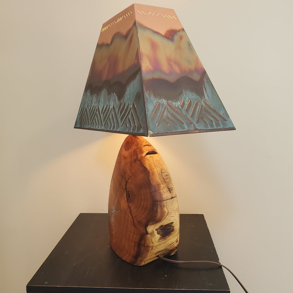 Mesquite &amp; Turquoise Lamp with Crosshatch Shade (SL-3 GW) - Heart of the Home PA