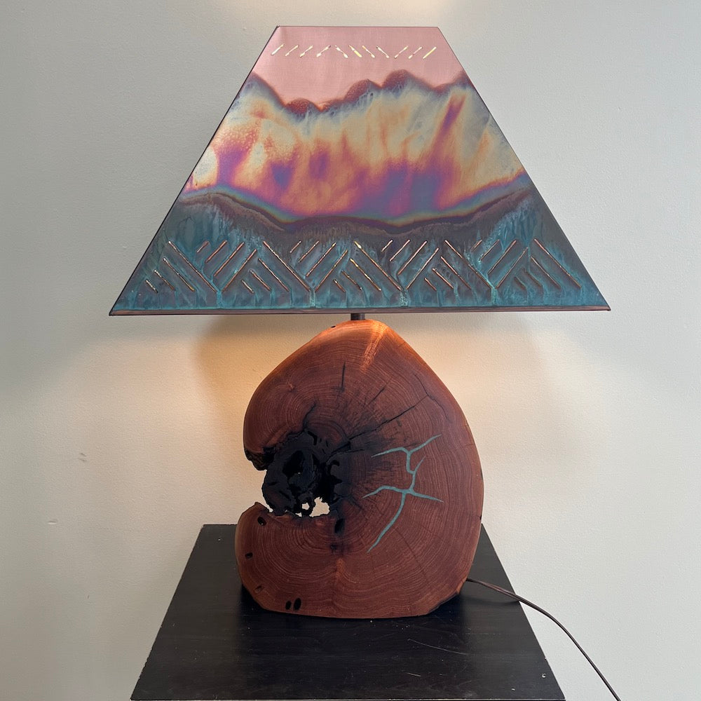 Mesquite & Turquoise Lamp with Crosshatch Shade (SL-4 GW) - Heart of the Home PA