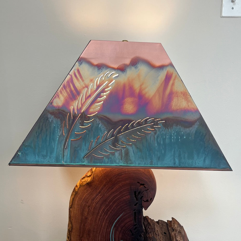 Mesquite &amp; Turquoise Lamp with Feather Shade (SL-4 GW) - Heart of the Home PA