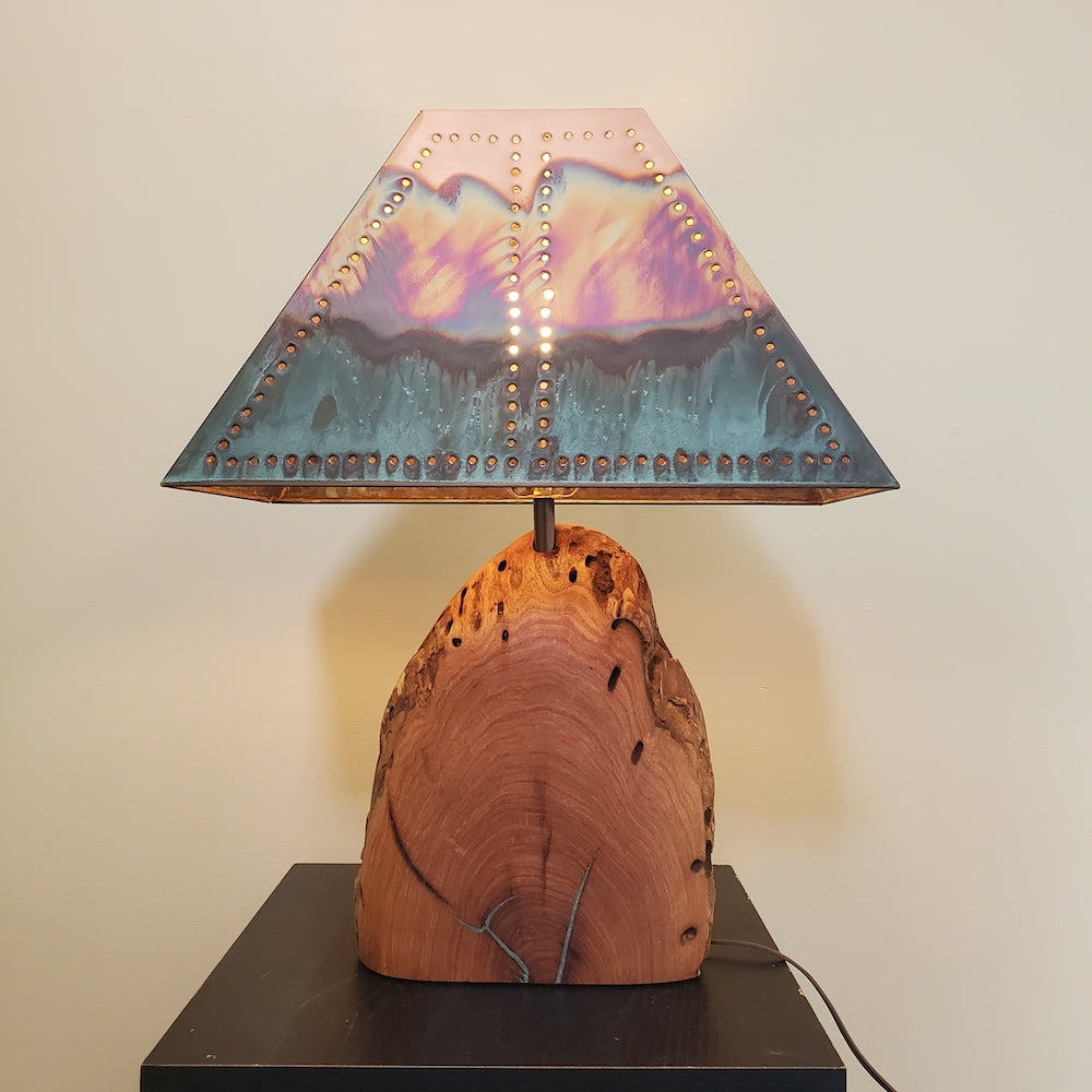Mesquite &amp; Turquoise Lamp with Punch Shade (SL-4 GW) - Heart of the Home PA
