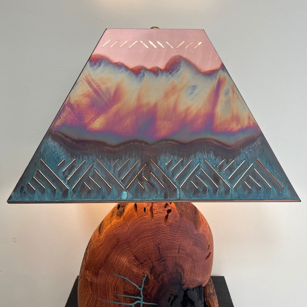 Mesquite &amp; Turquoise Lamp with Crosshatch Shade (SL-4 GW) - Heart of the Home PA