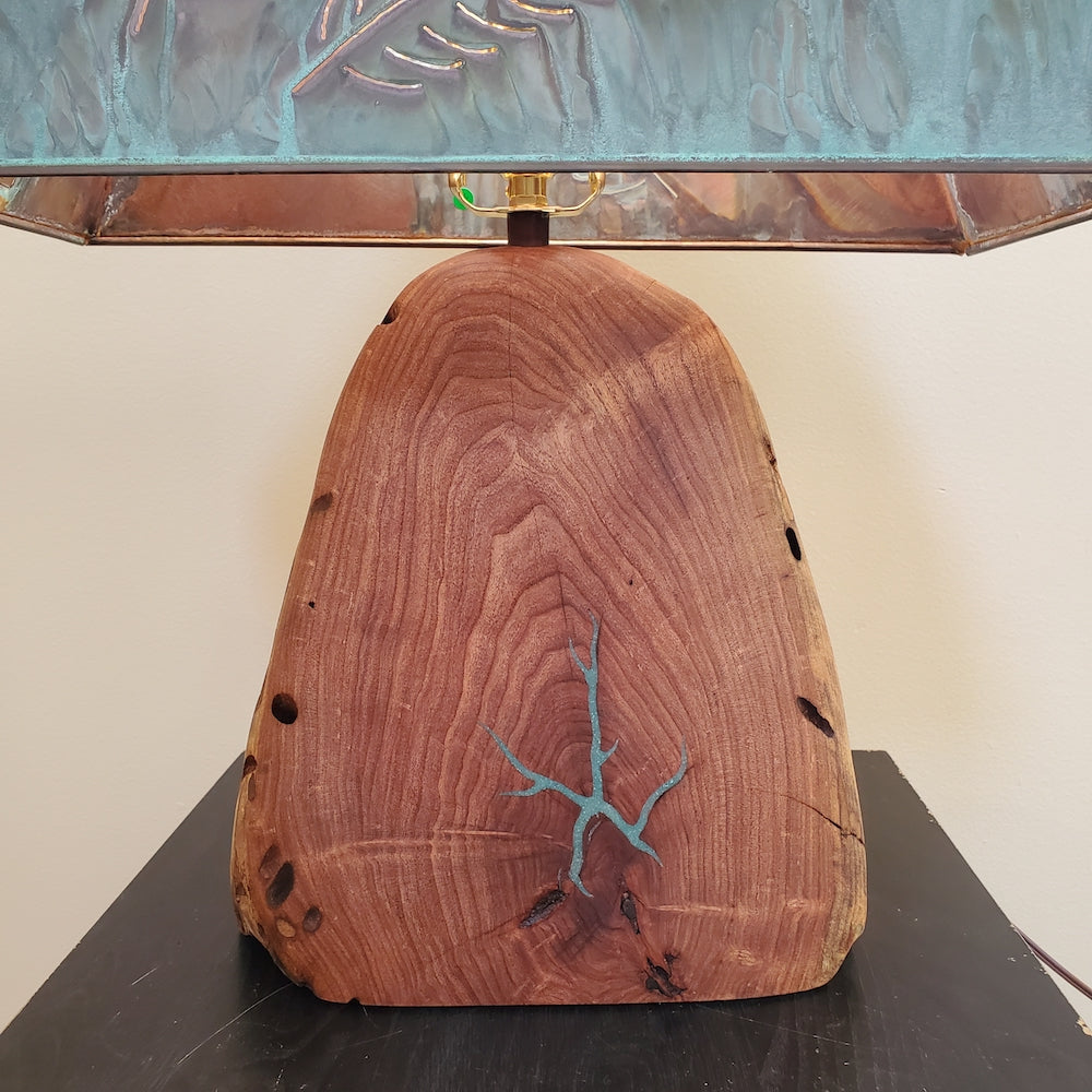 Mesquite &amp; Turquoise Lamp with Feather Shade (SL-3 2) - Heart of the Home PA