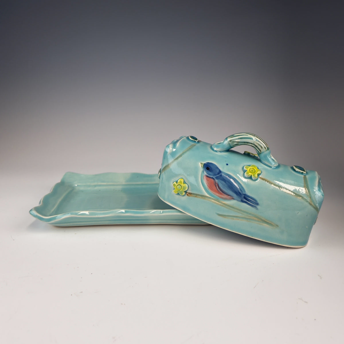 Bluebird Butter Dish Turquoise with Yellow Flowers - Heart of the Home PA