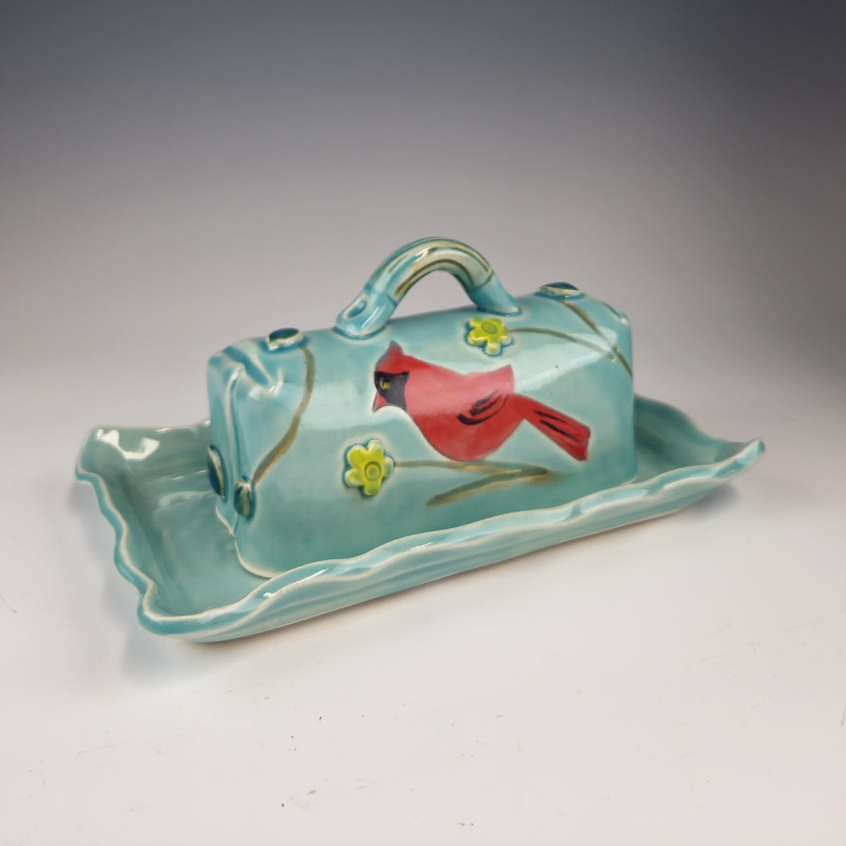 Cardinal Covered Butter Dish in Turquoise with Yellow Flowers - Heart of the Home PA