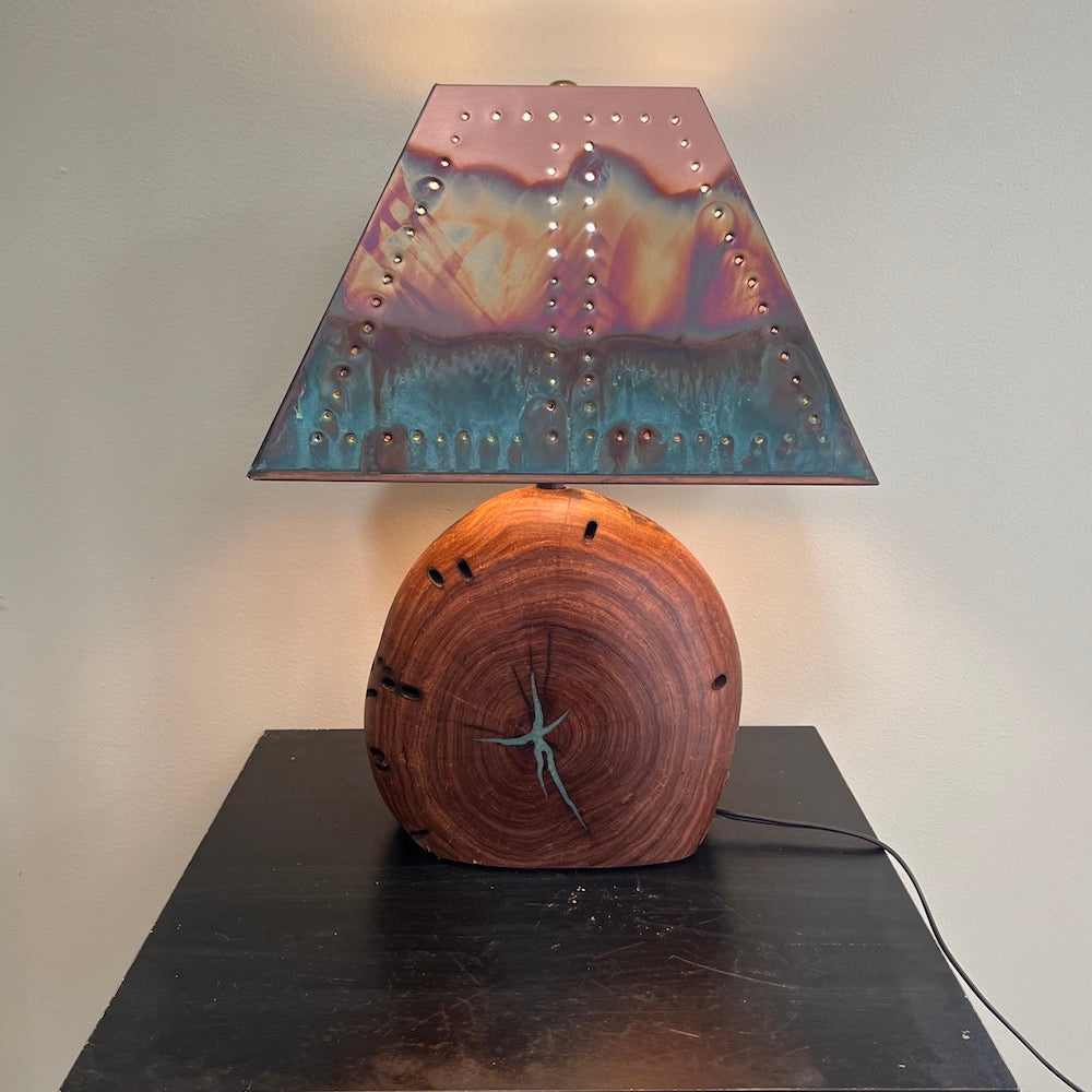 Mesquite & Turquoise Lamp with Punch Shade (SL-1 GW) - Heart of the Home PA