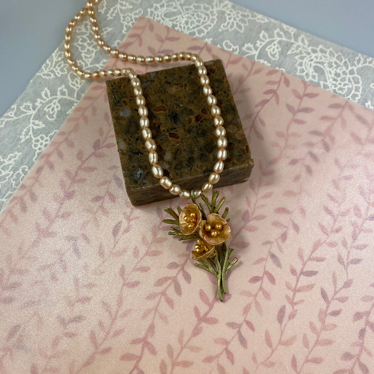 California Poppy Pendant on Pearls - Heart of the Home PA
