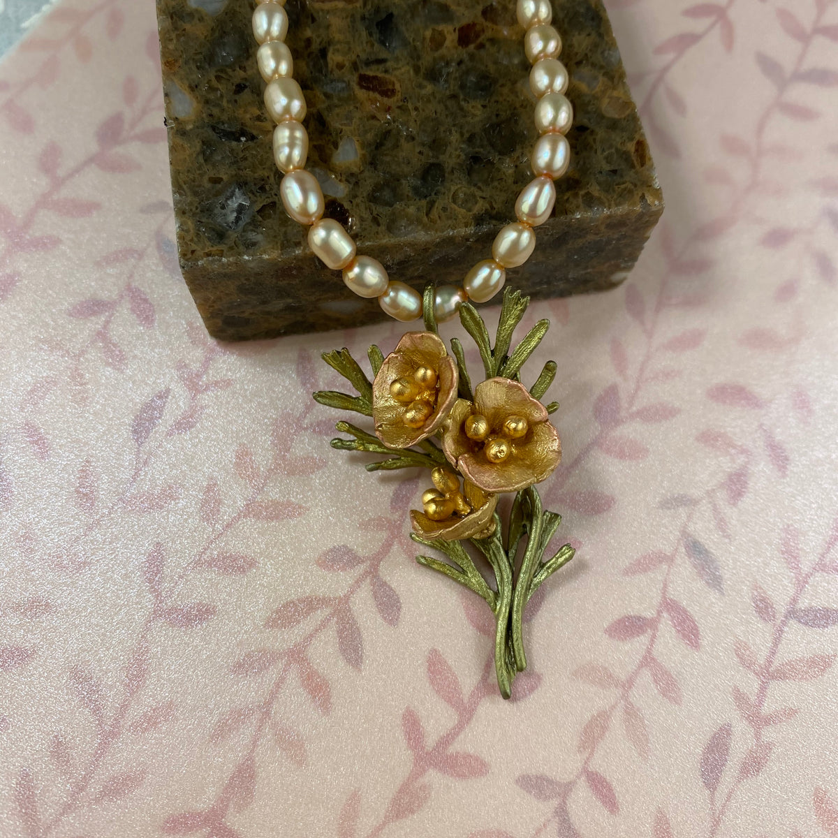 California Poppy Pendant on Pearls - Heart of the Home PA