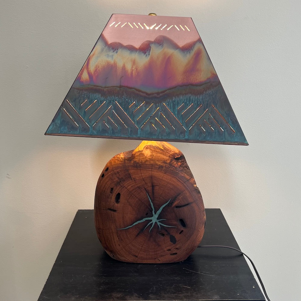 Mesquite &amp; Turquoise Lamp with Crosshatch Shade (SL-2) - Heart of the Home PA