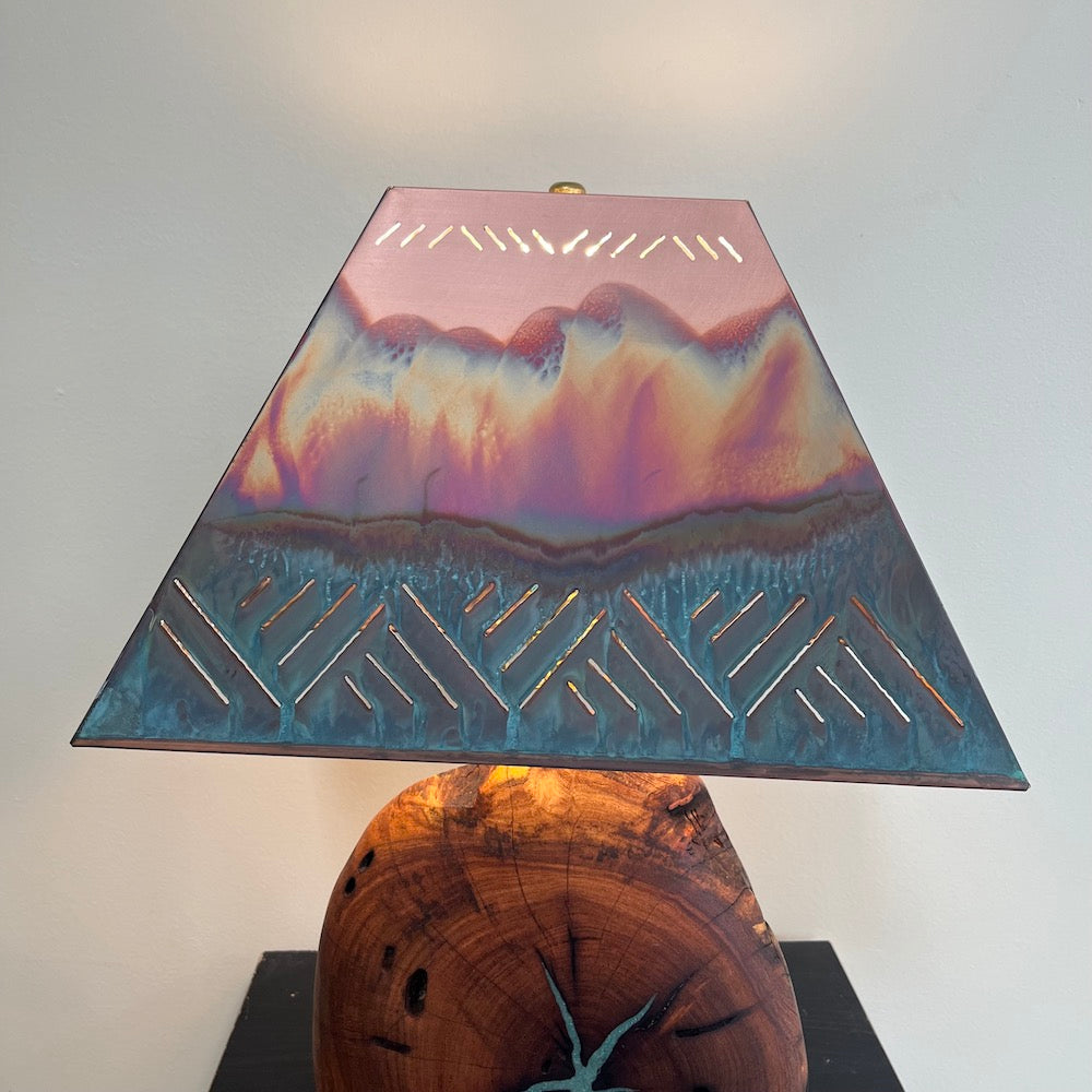 Mesquite &amp; Turquoise Lamp with Crosshatch Shade (SL-2) - Heart of the Home PA