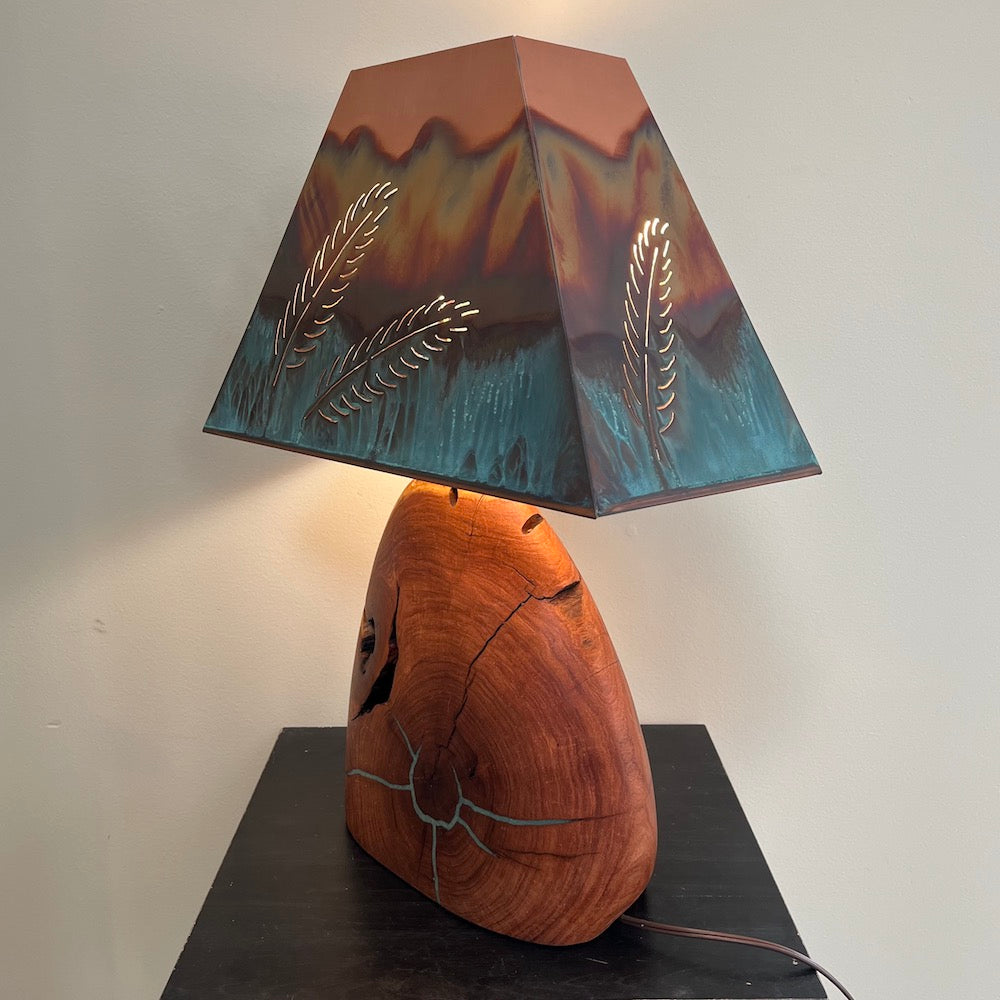 Mesquite &amp; Turquoise Lamp with Feather Shade (SL-3) - Heart of the Home PA