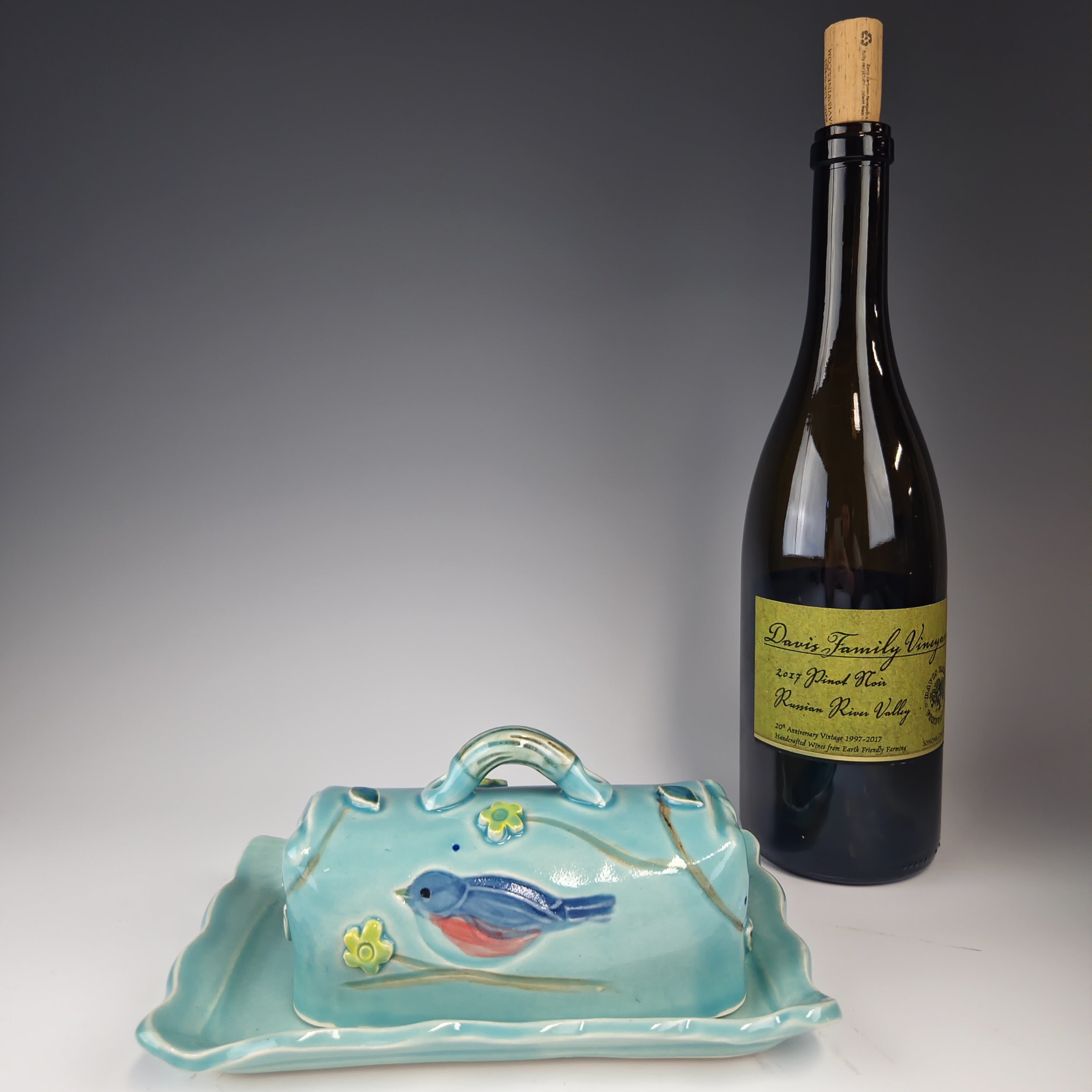 Bluebird Butter Dish Turquoise with Yellow Flowers - Heart of the Home PA