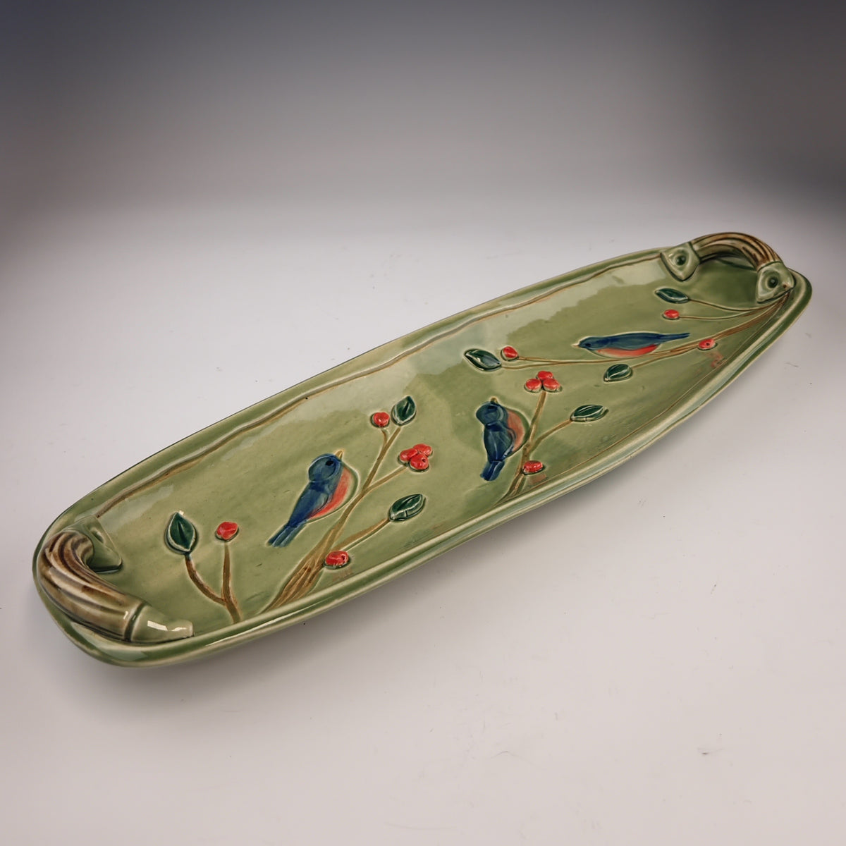Bluebird Long Serving Tray Green with Red Berries - Heart of the Home PA