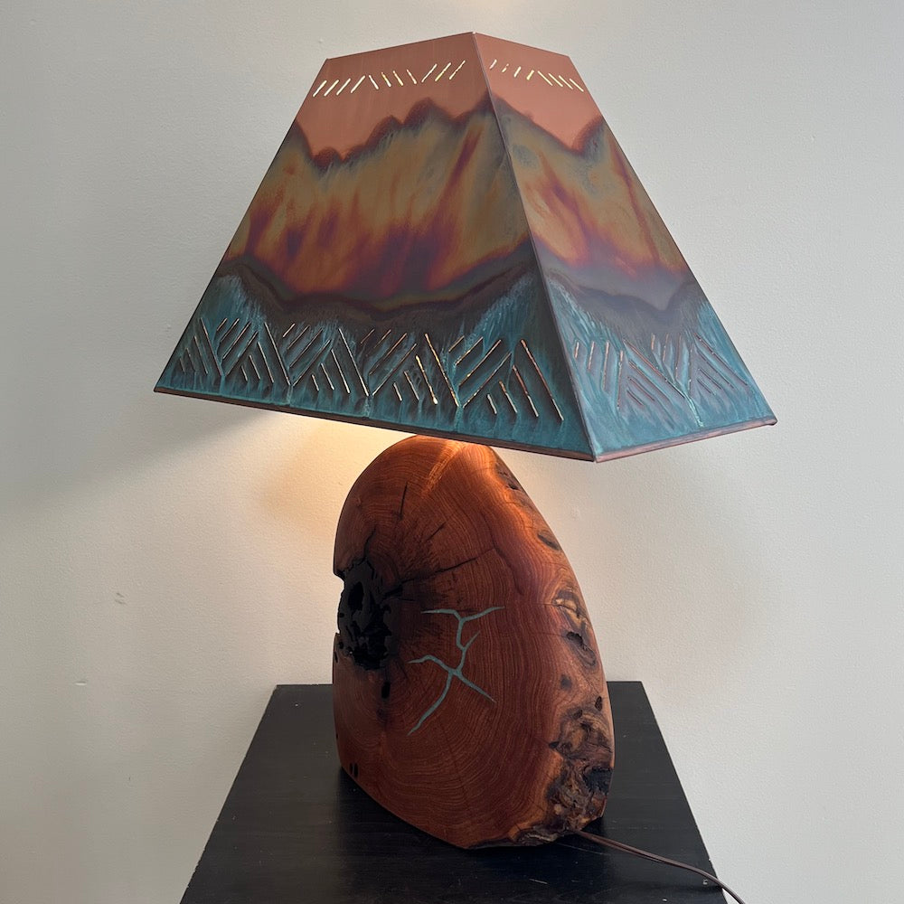 Mesquite &amp; Turquoise Lamp with Crosshatch Shade (SL-4 GW) - Heart of the Home PA