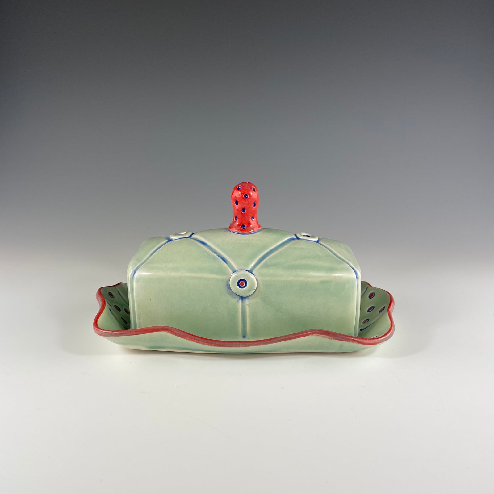 Button Covered Butter Dish in Green - Heart of the Home PA