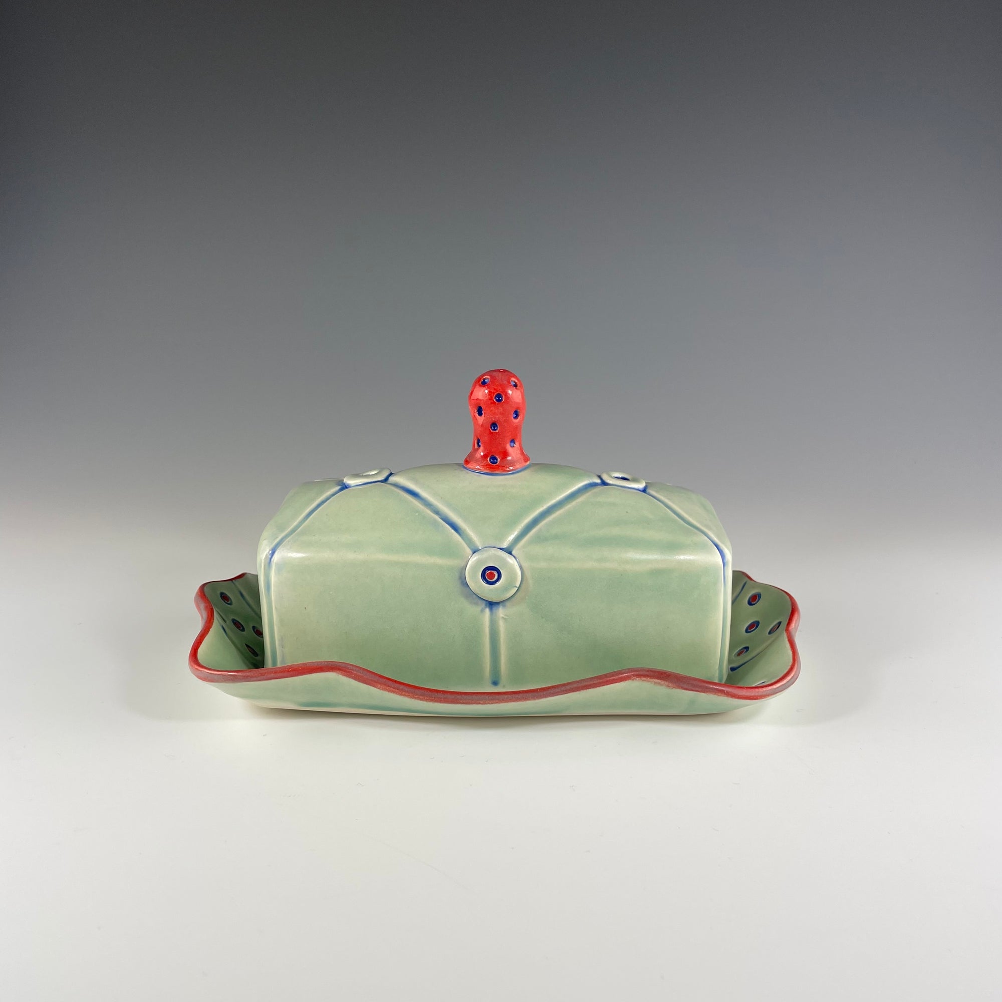 Button Covered Butter Dish in Green - Heart of the Home PA