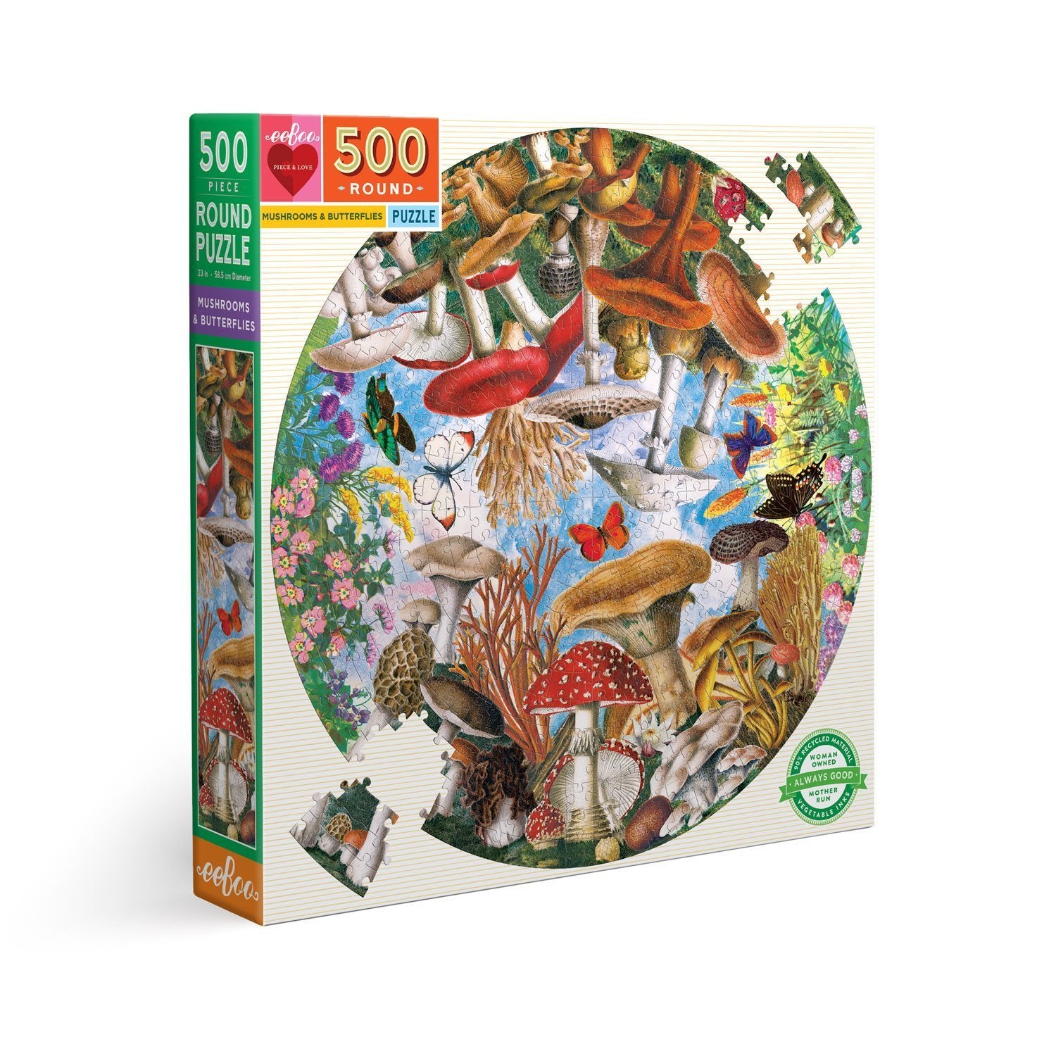 Mushrooms and Butterflies 500 Piece Round Puzzle - Heart of the Home PA