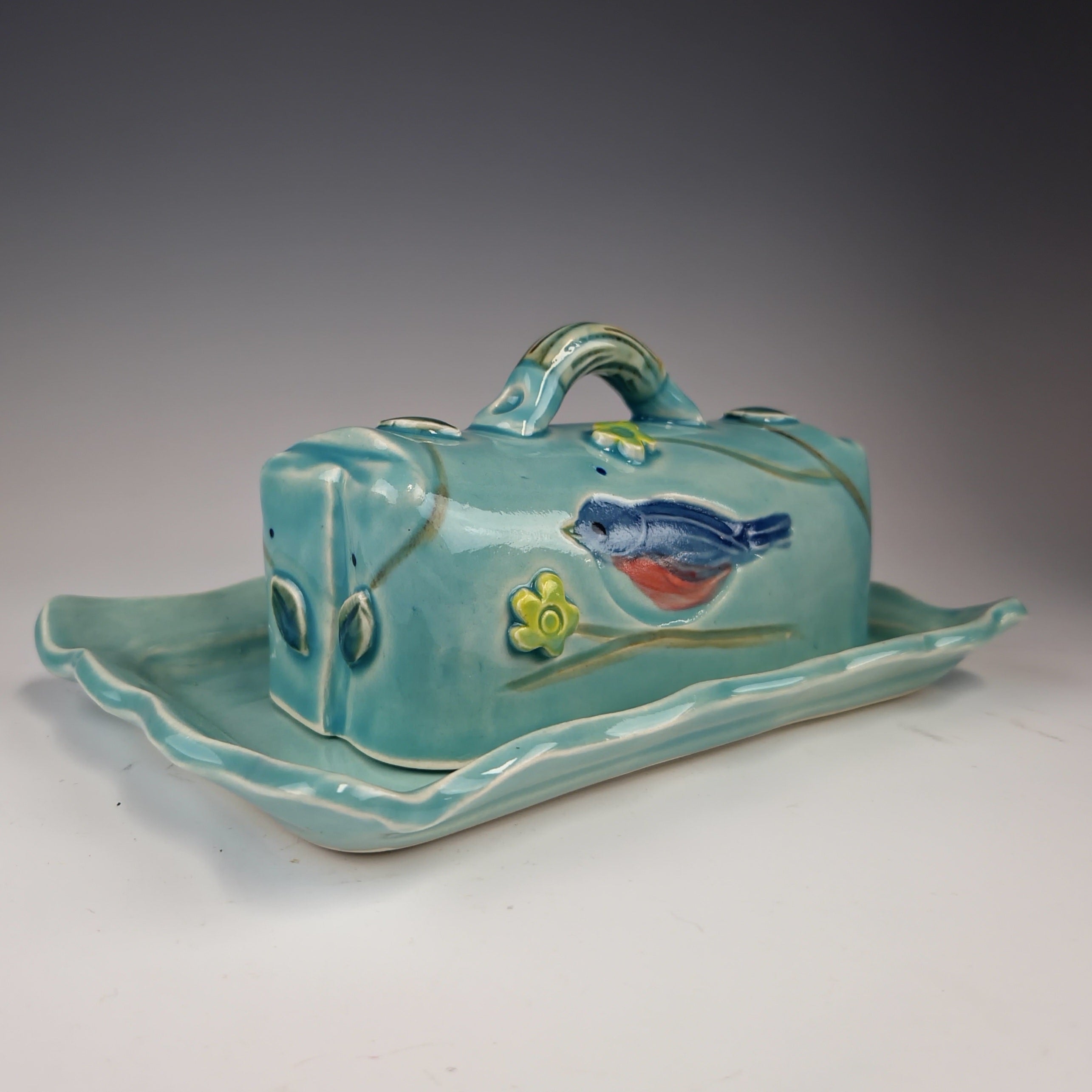 Bluebird Butter Dish Turquoise with Yellow Flowers - Heart of the Home PA
