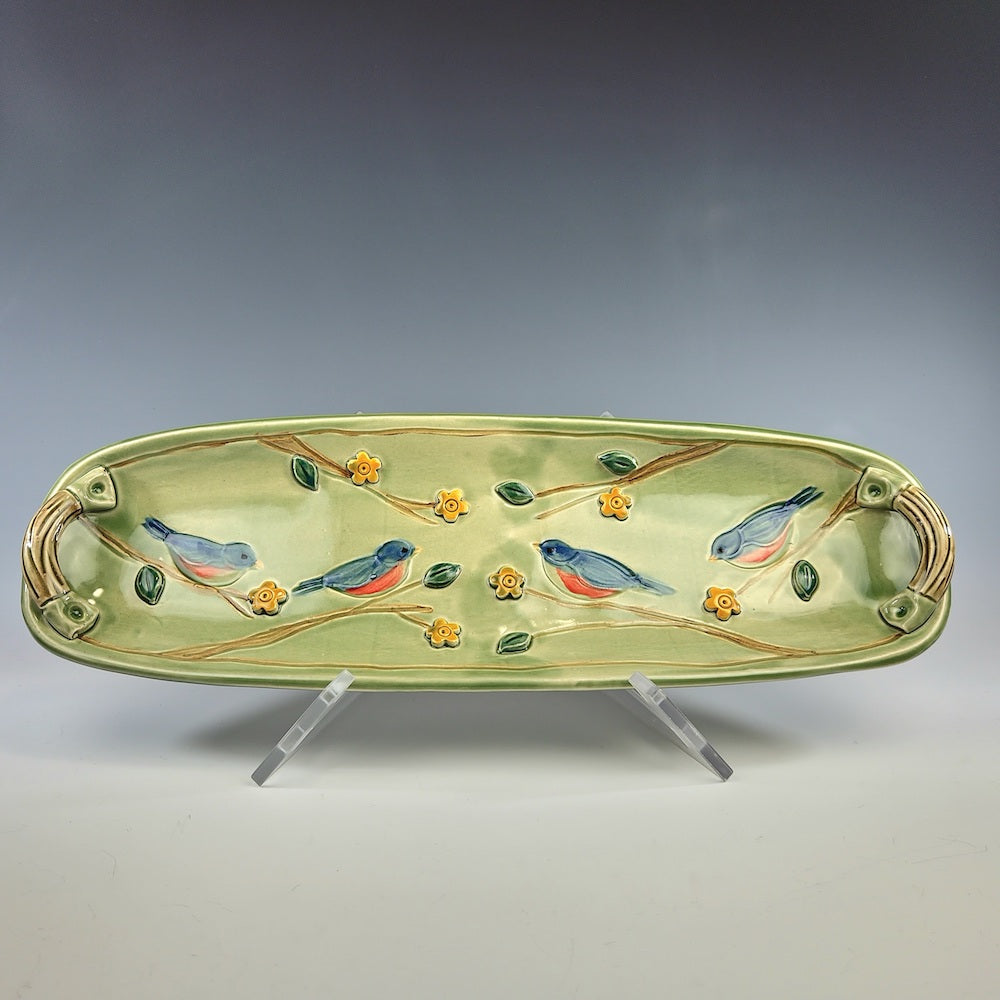 Bluebird Long Serving Tray Green with Gold Flowers - Heart of the Home PA