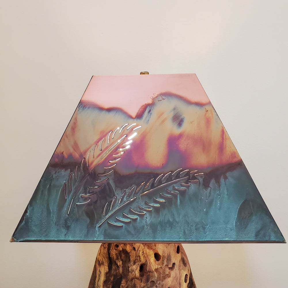 Mesquite &amp; Turquoise Lamp with Feather Shade (SL-3 2) - Heart of the Home PA