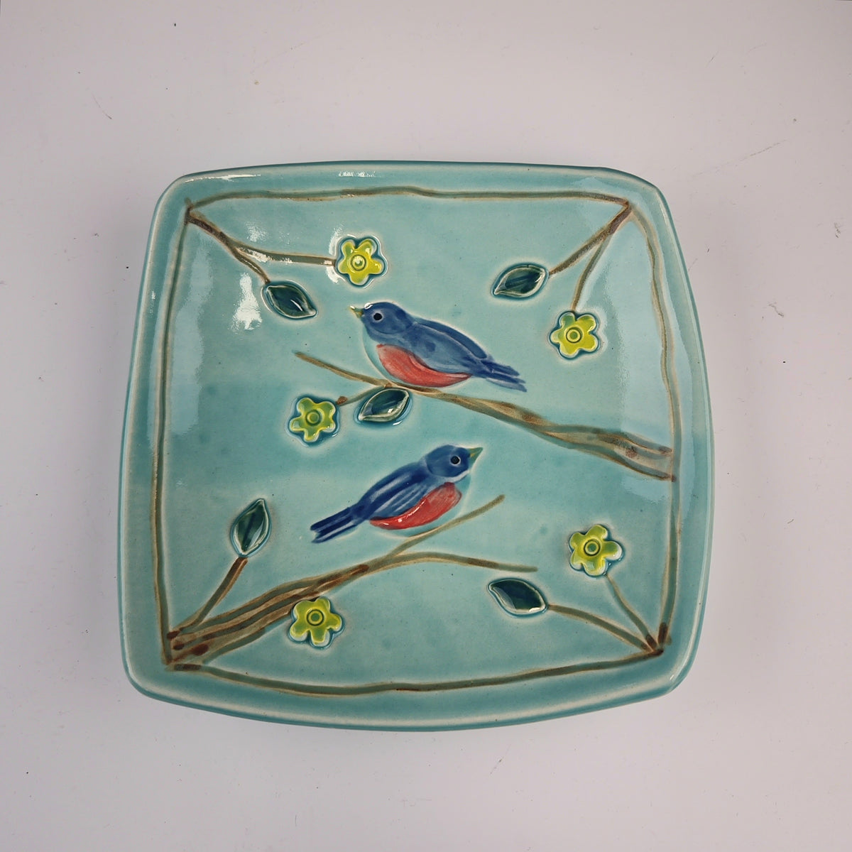 Bluebird Square Bowl Turquoise with Light Yellow Flowers - Heart of the Home PA